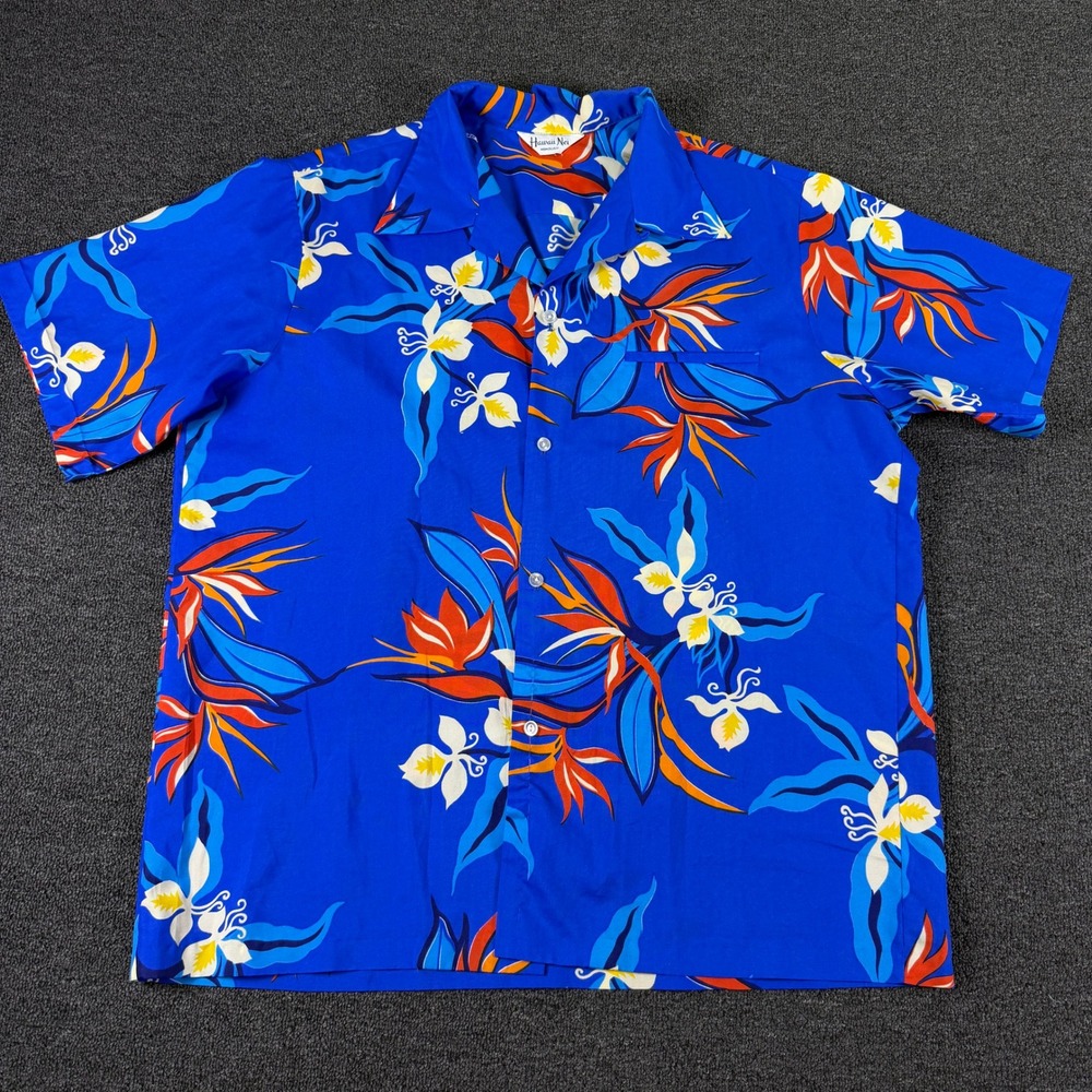 Vintage Hawaii Nei Shirt Mens XL Hawaiian Bird of Paradise Blue Button Down